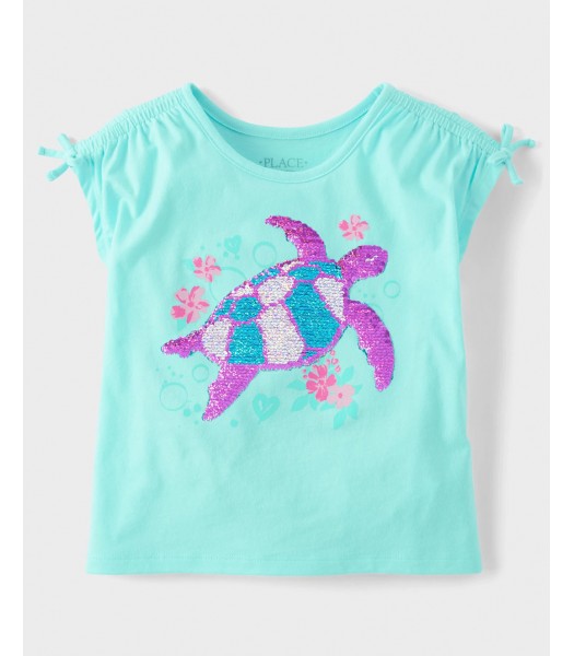 Childrens Place Girls Blue Seagrove Turtle Tie Sleeve Top